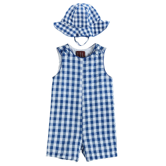 Royal Blue Gingham Romper and Sunhat: 12-18M
