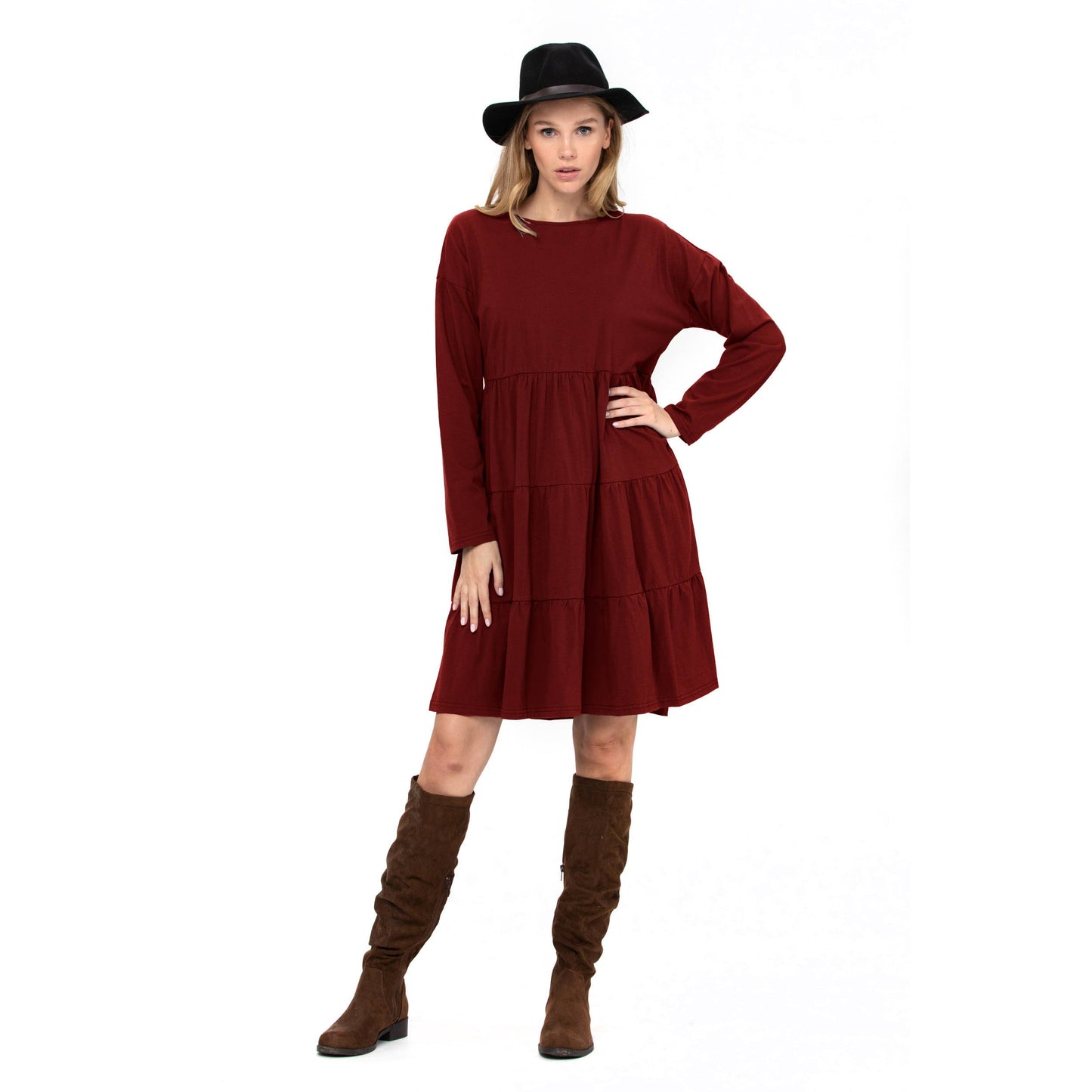 3 Tiered Casual Flared Cotton Mini Dress Long Sleeve: Teal