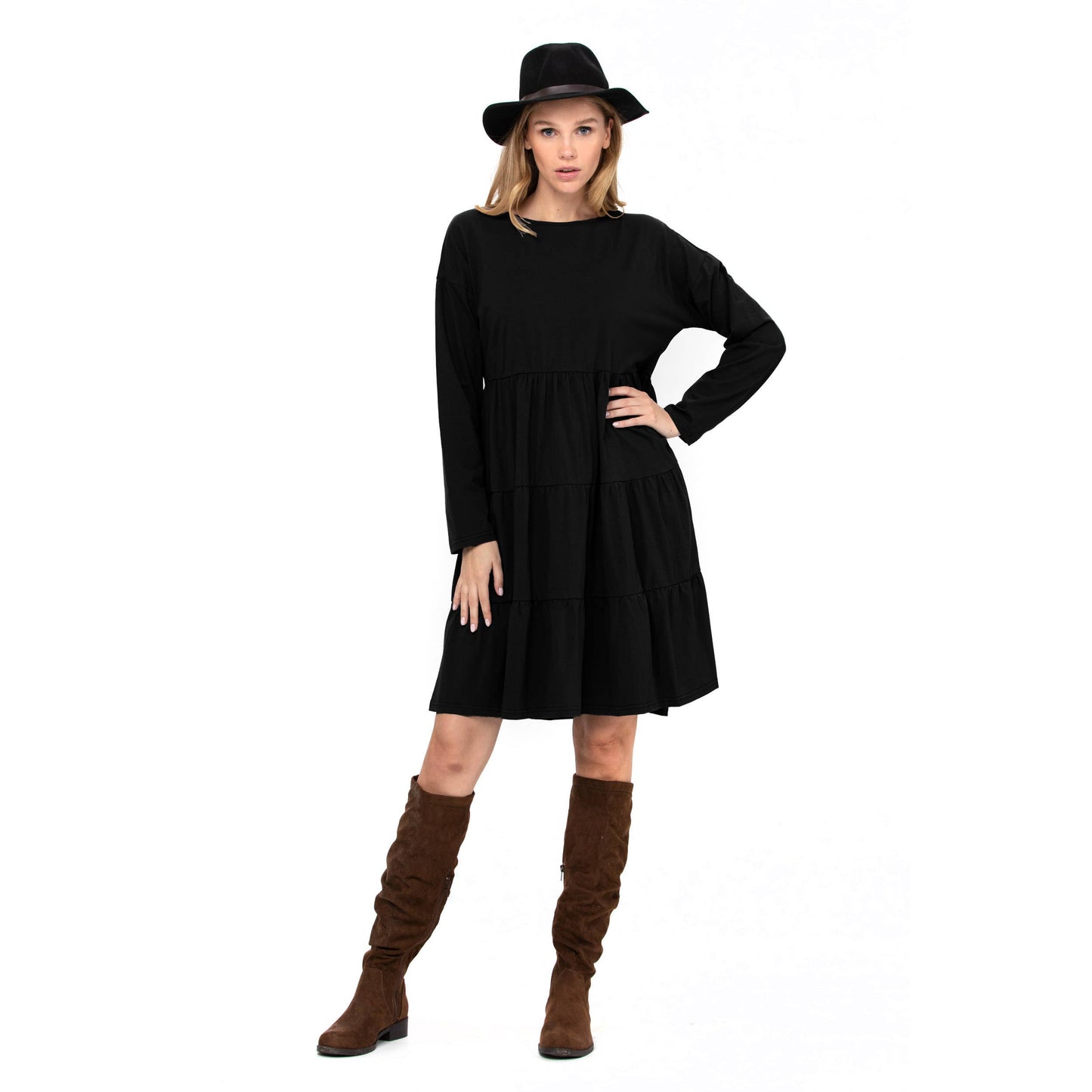 3 Tiered Casual Flared Cotton Mini Dress Long Sleeve: Teal