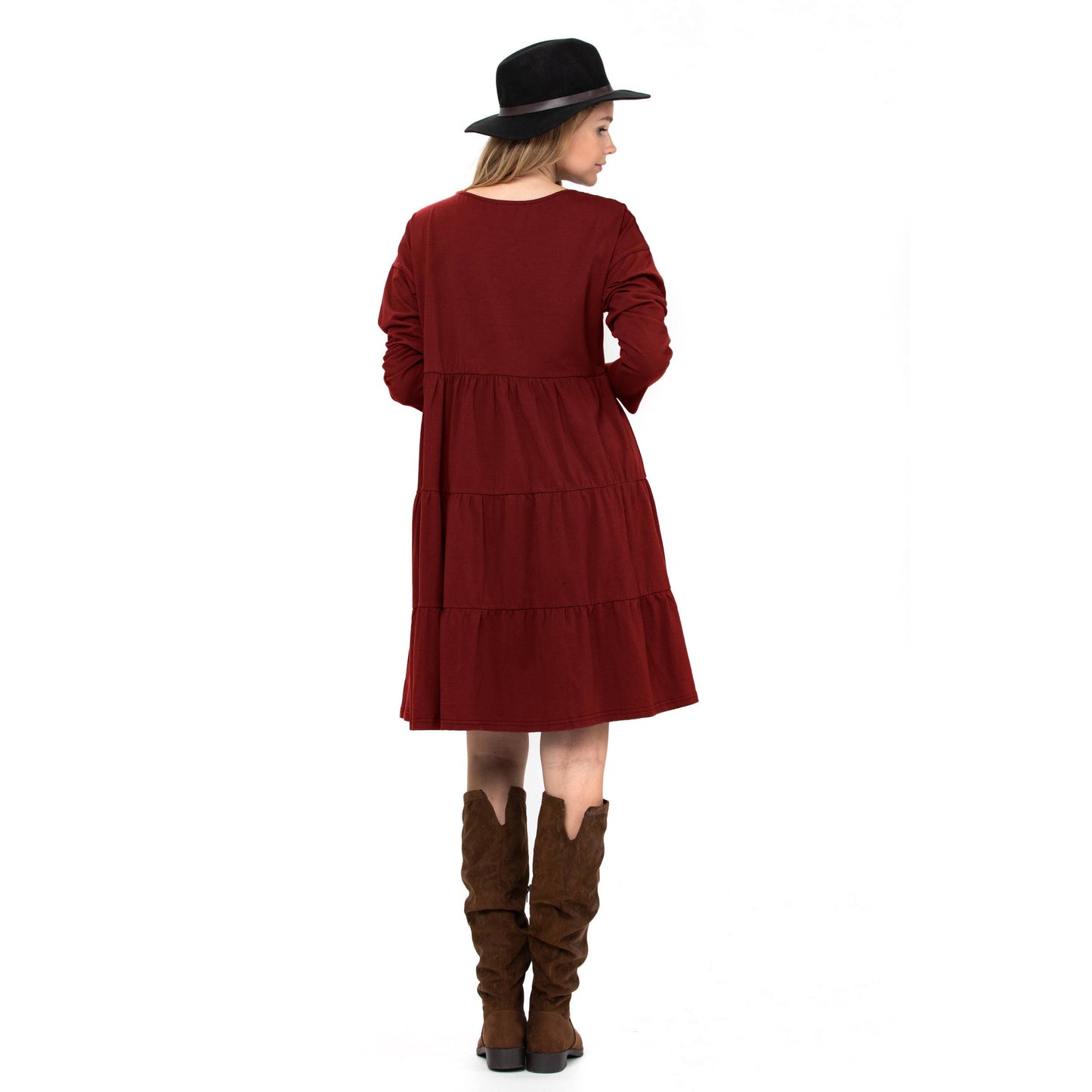 3 Tiered Casual Flared Cotton Mini Dress Long Sleeve: Teal