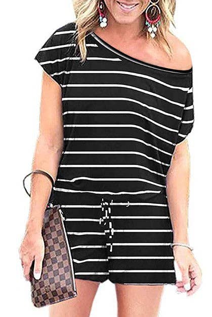 Striped Short Sleeve Drawstring Waist Romper: BLACK
