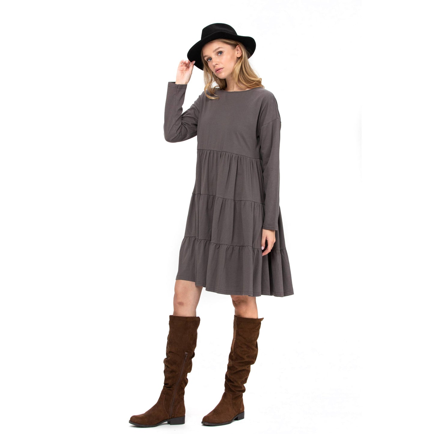 3 Tiered Casual Flared Cotton Mini Dress Long Sleeve: Teal