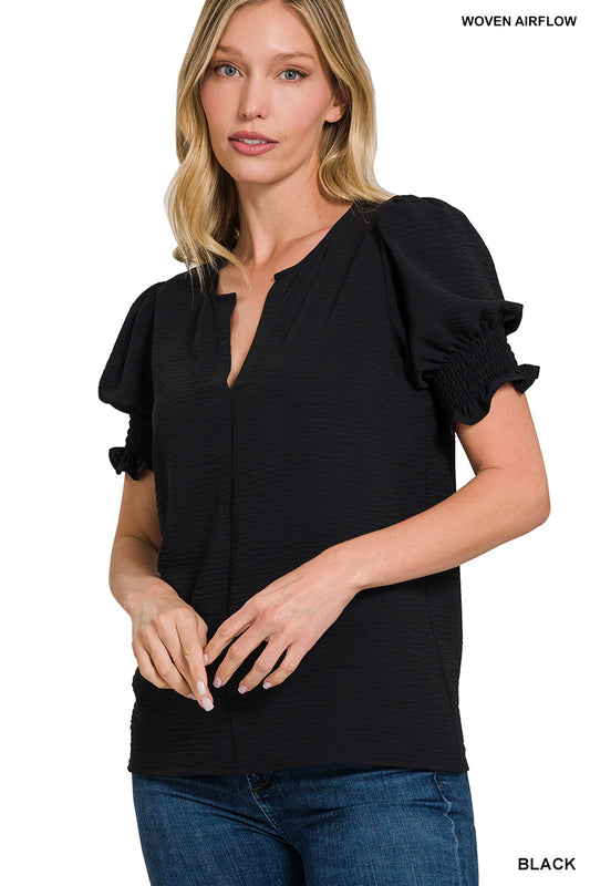 Zenana WOVEN AIRFLOW V-NECK SMOCKED PUFF SLEEVE TOP