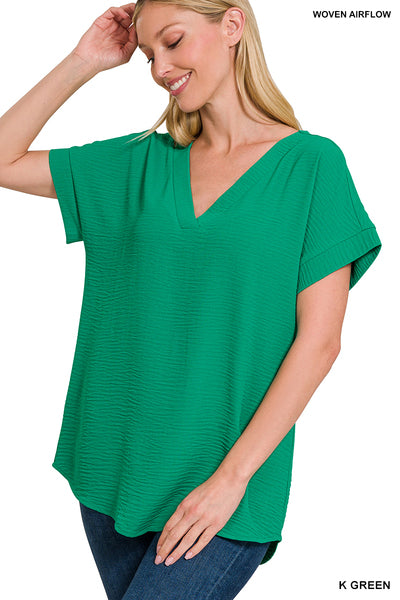 Zenana Woven Airflow V-neck high-low Top
