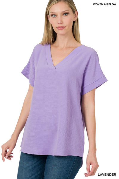Zenana Woven Airflow V-neck high-low Top