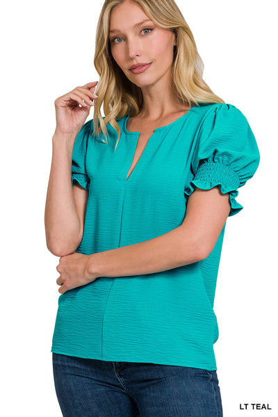 Zenana WOVEN AIRFLOW V-NECK SMOCKED PUFF SLEEVE TOP