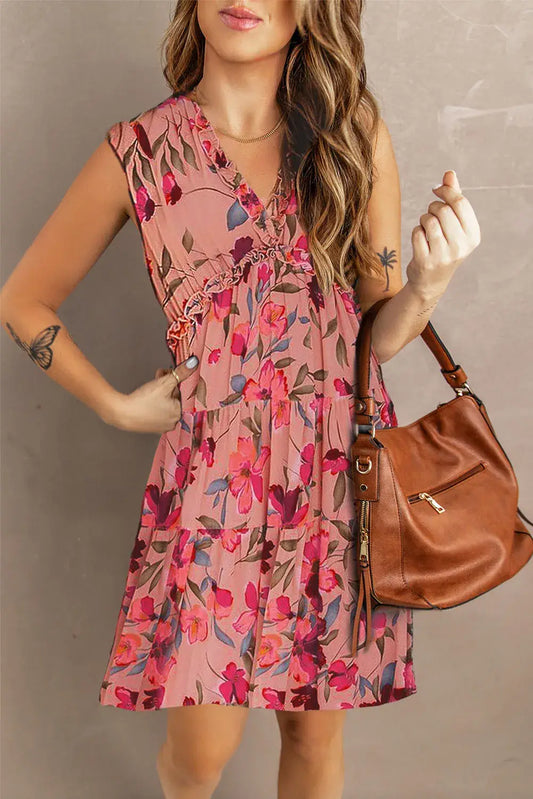 SALE Boho Floral Print Frill V Neck Sleeveless Dress