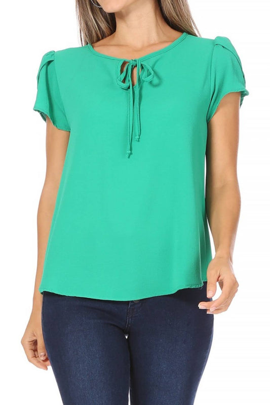 SALE! Women's Casual Solid Sleeve Tie Round Neck Blouse Top: Green