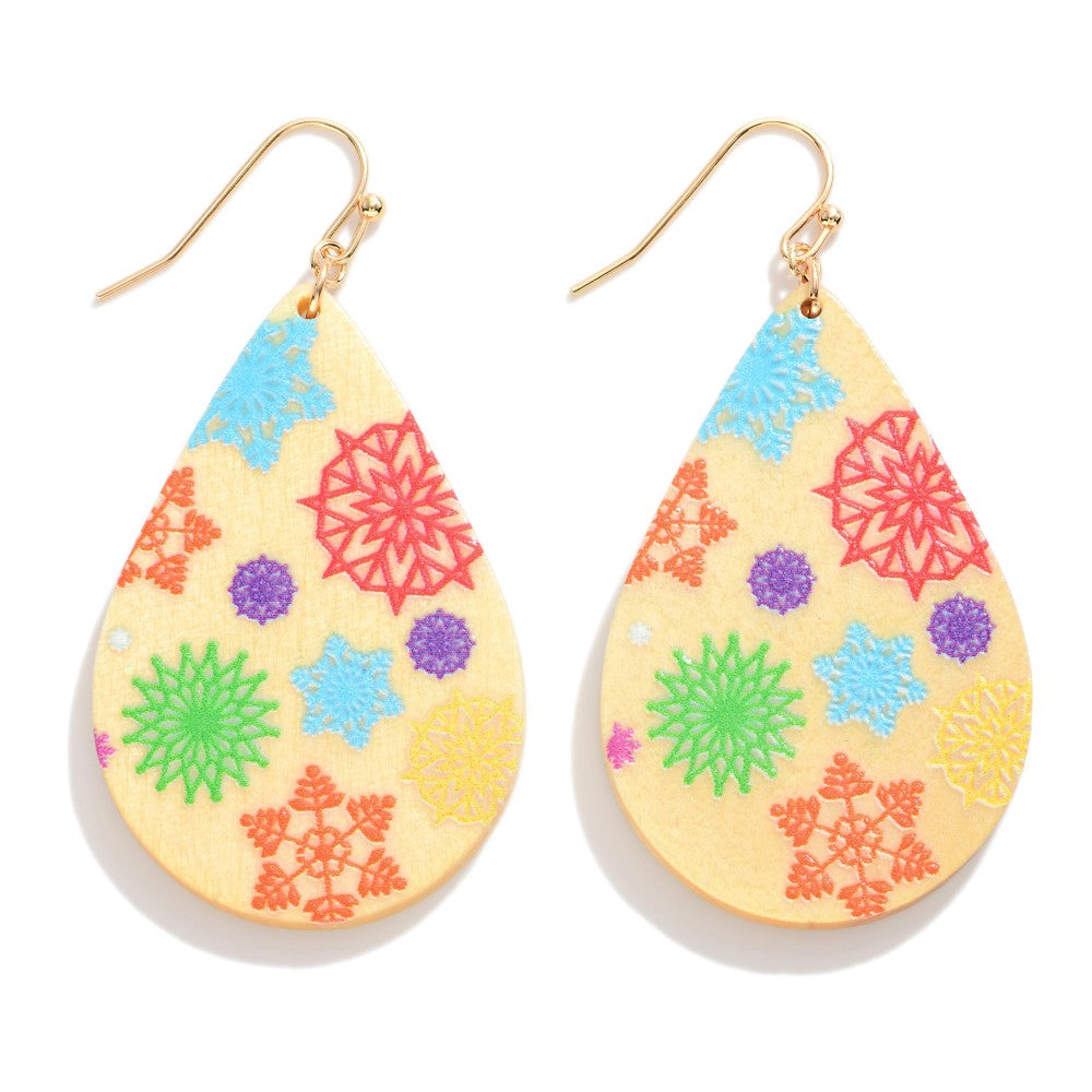 Wooden Teardrop Snowflake Print Drop Earrings.
