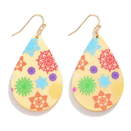 Wooden Teardrop Snowflake Print Drop Earrings.