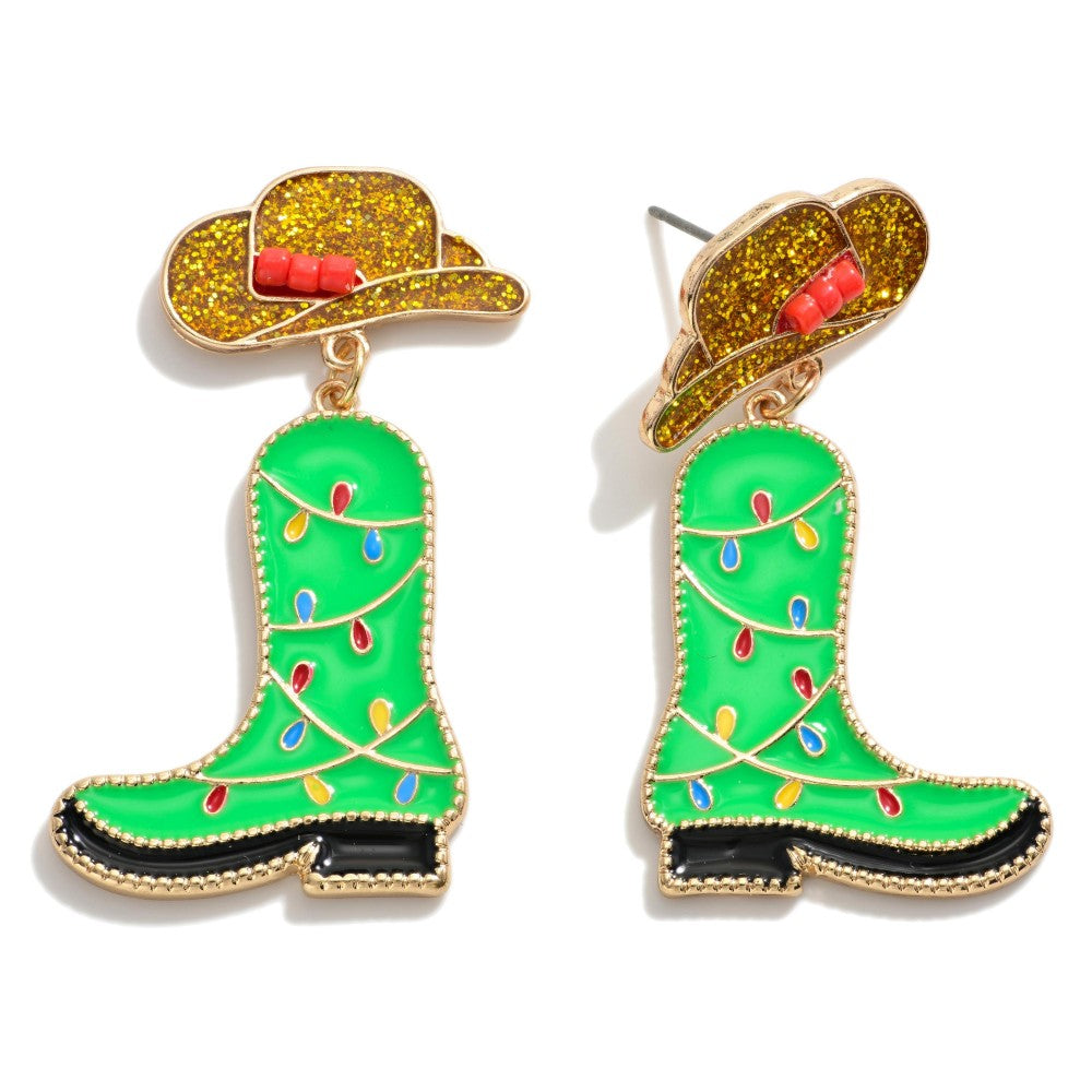 Metal Enamel Christmas Light Wrapped Cowboy Boot Drop Earrings Featuring Glitter Cowboy Hat Accents.