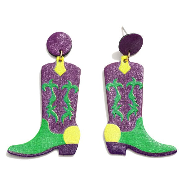Mardi Gras Leather Cowboy Boot Drop Earrings