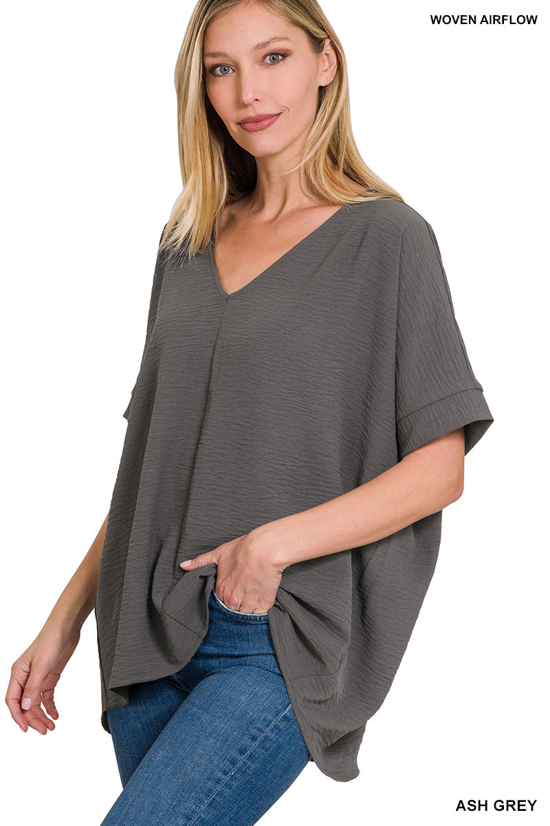 WOVEN AIRFLOW V-NECK DOLMAN SHORT SLEEVE TOP-zenana