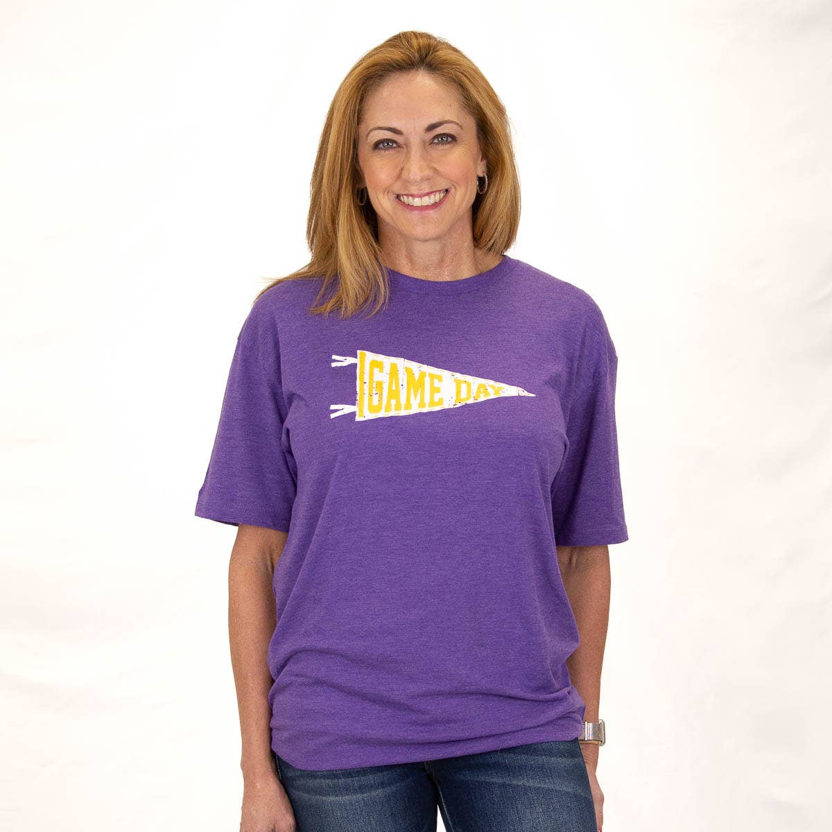 Game Day Pennant Crew Neck T-Shirt   Purple/White/Yellow