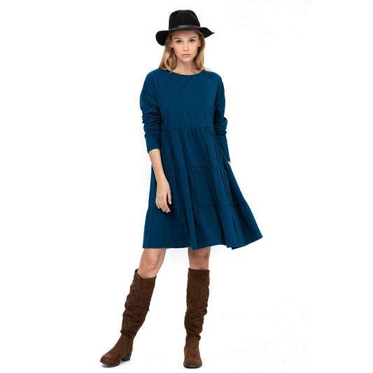 3 Tiered Casual Flared Cotton Mini Dress Long Sleeve: Teal