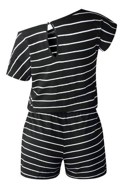 Striped Short Sleeve Drawstring Waist Romper: BLACK