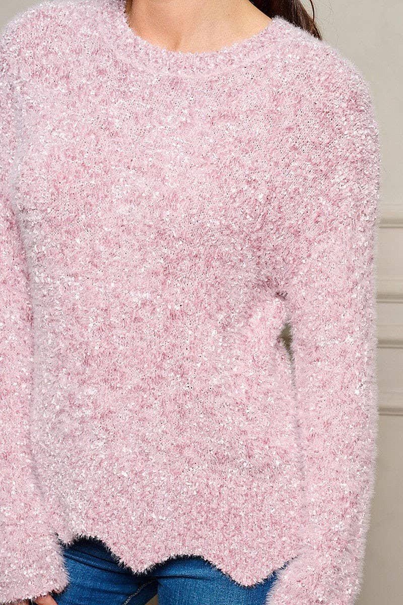 LONG SLEEVE FUZZY PULLOVER SWEATER: Pink