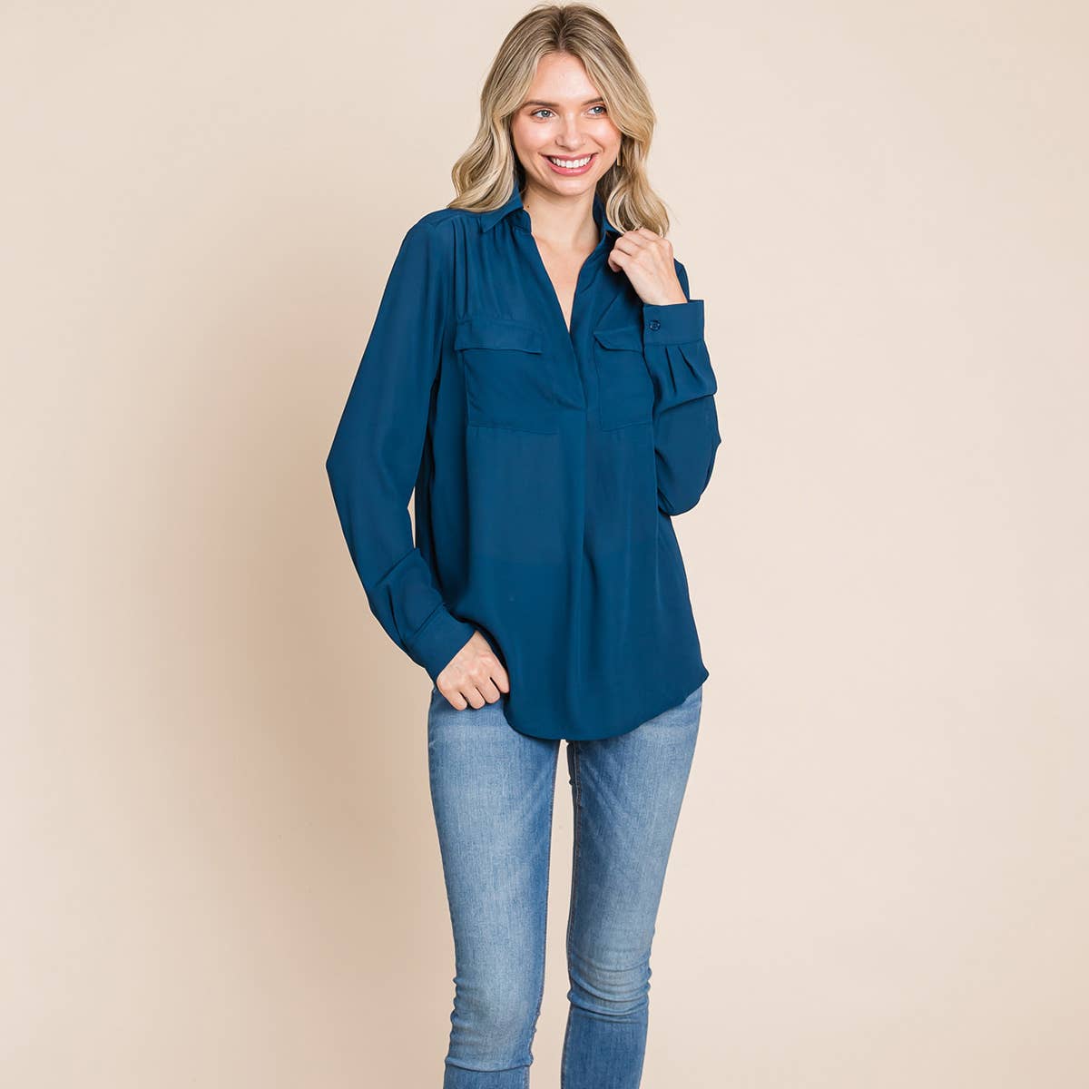 V neck Collared Pocket Detail Blouse Shirts