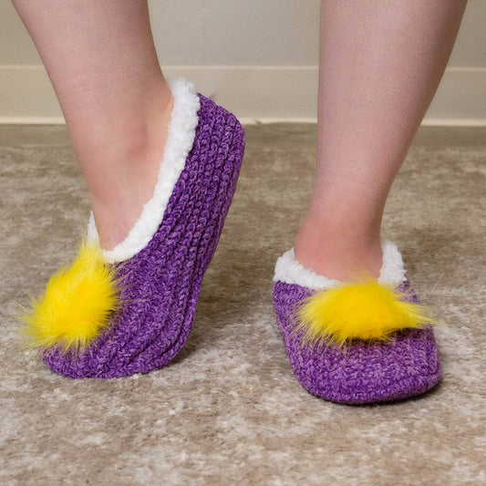 Women's Pom Pom Sherpa Footies   Purple/Yellow   -Asst: L/XL