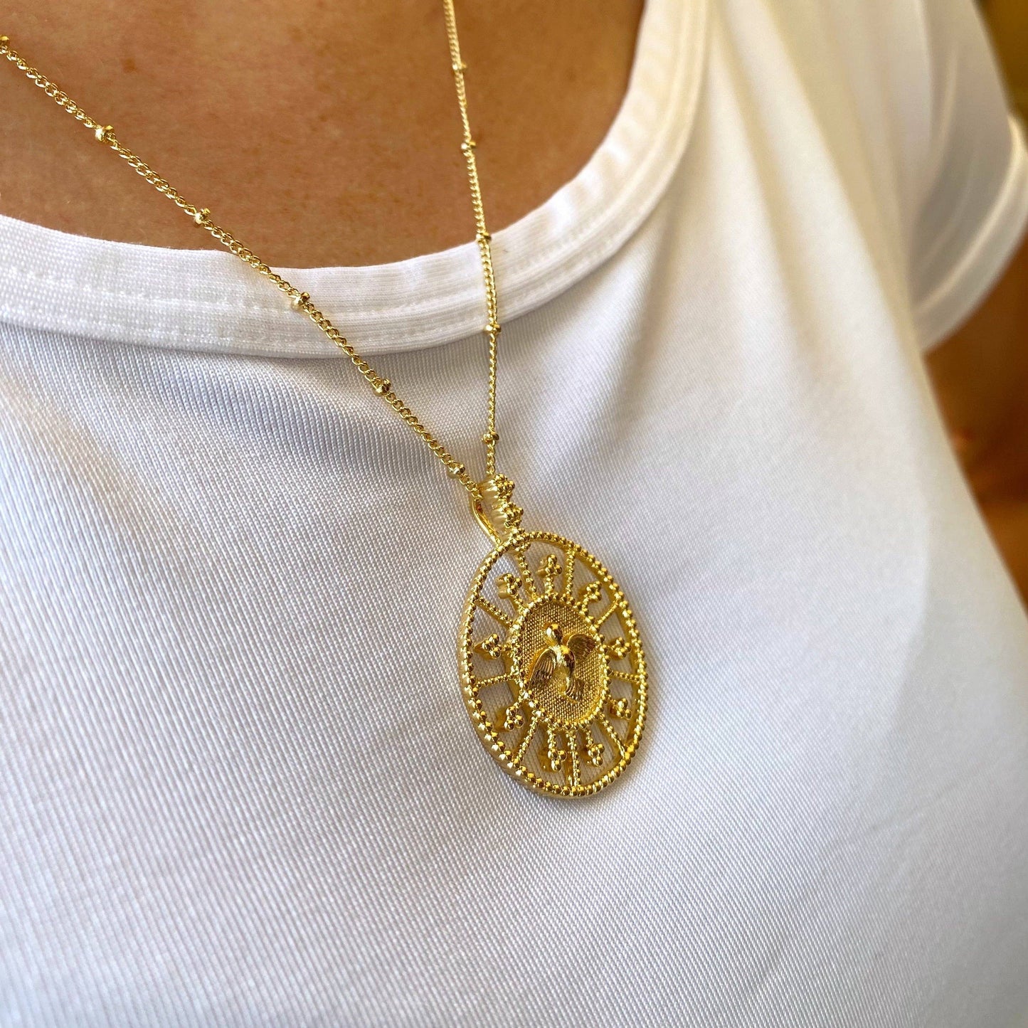 Gold-filled Beaded Dove Pendant Necklace