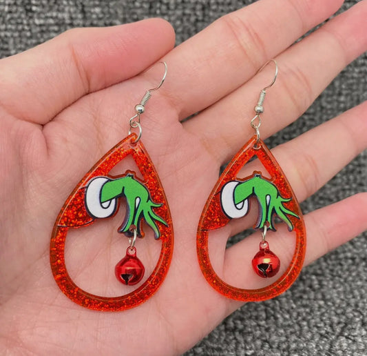 Christmas acrylic grinch holding red bell drop dangle earrings