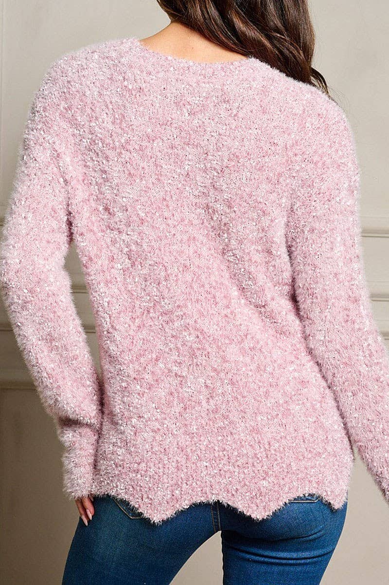 LONG SLEEVE FUZZY PULLOVER SWEATER: Pink