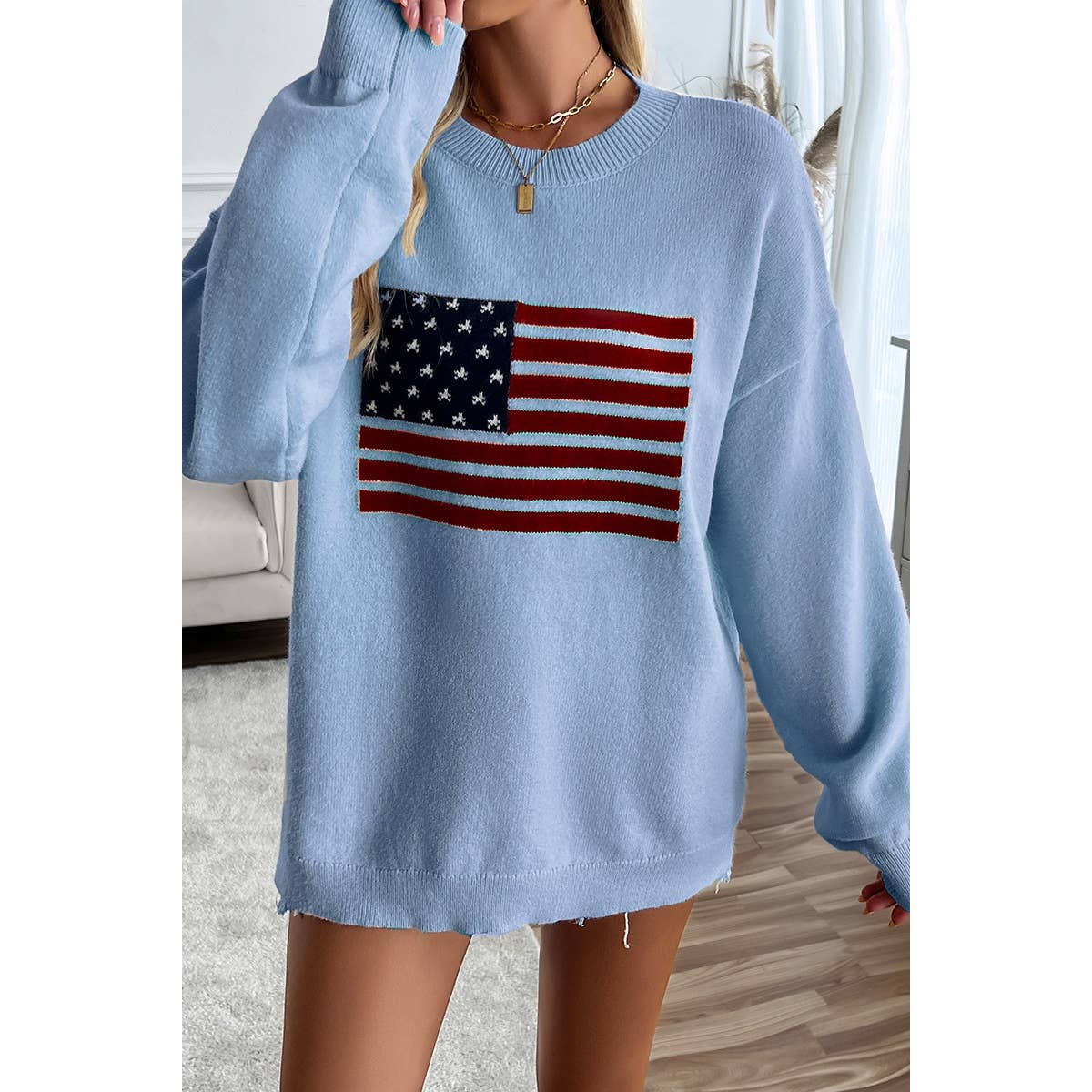 Knit Round Neck Flag Print Loose Fit Sweater: BLUE