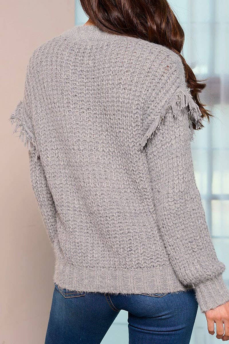 LONG SLEEVE FRINGE KNIT PULLOVER SWEATER: GREY