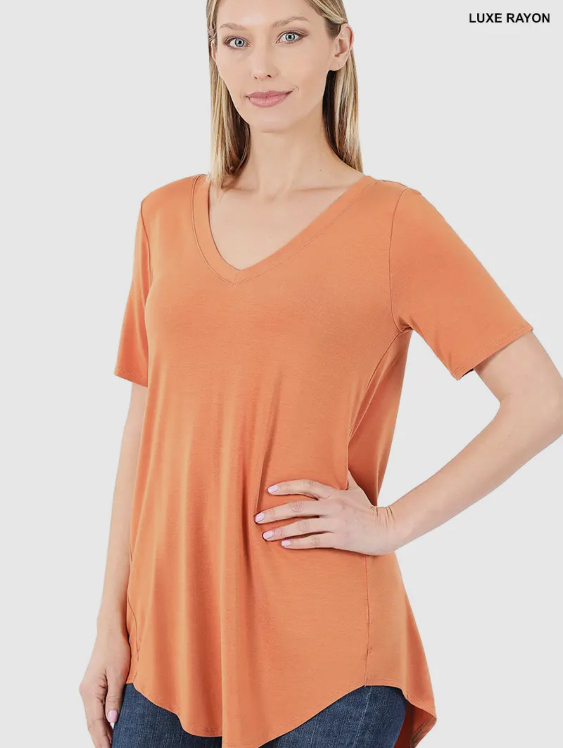 Short sleeve burnt orange v neck hi low hem top x-large