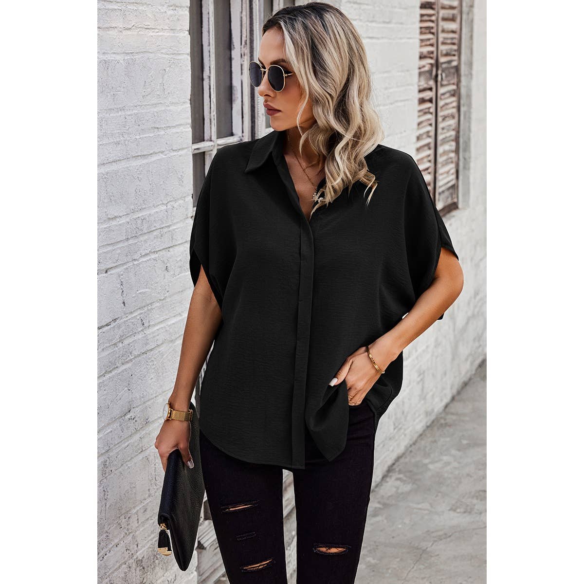 Solid Front Open Button Loose Fit Blouse