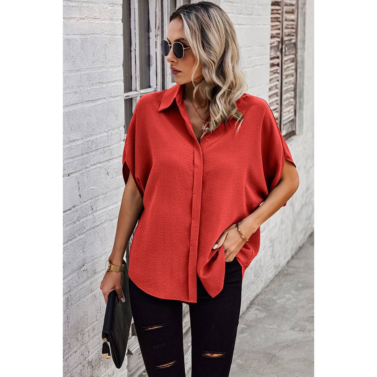 Solid Front Open Button Loose Fit Blouse