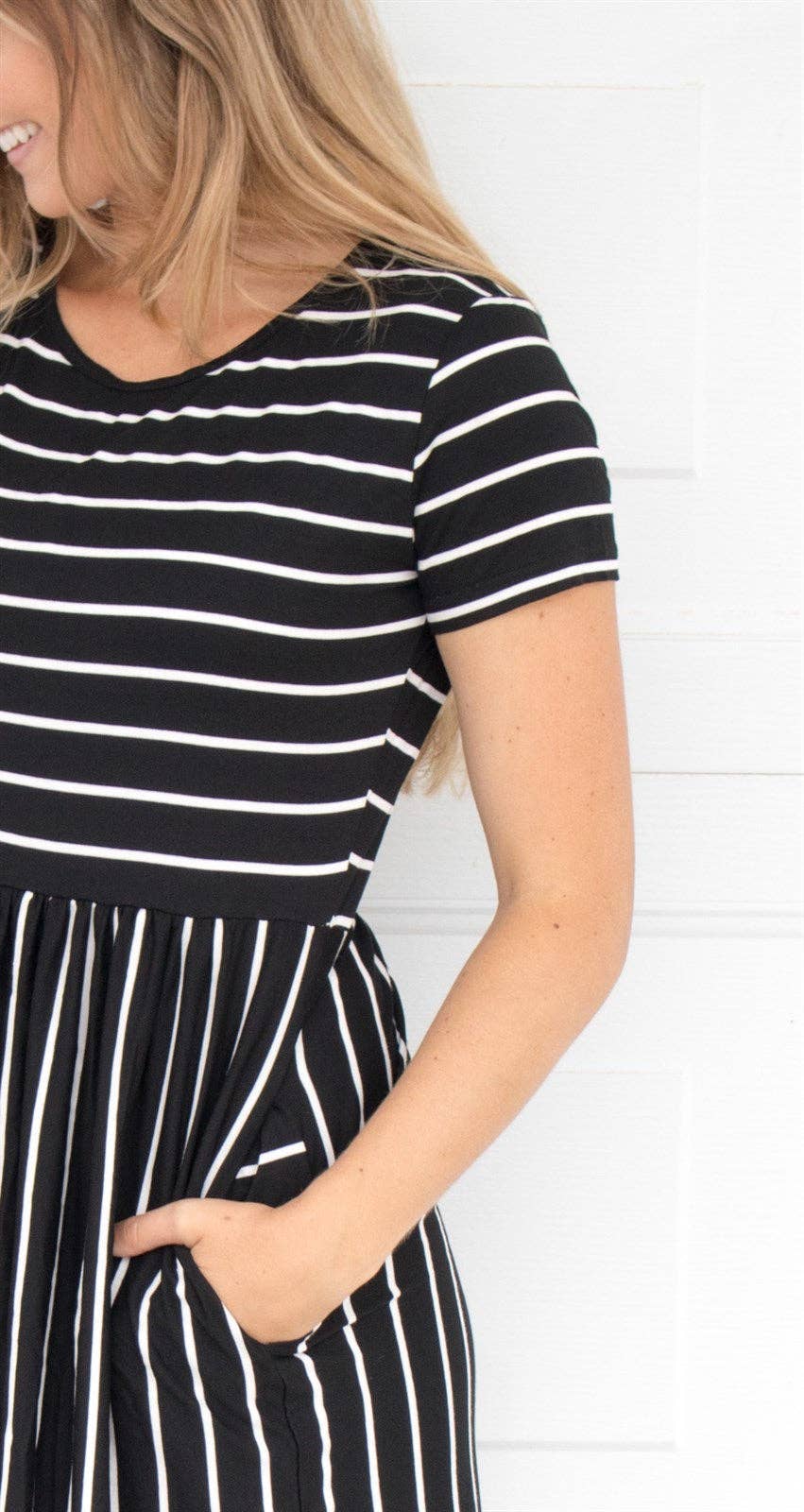 Striped Midi Pocket Dress: Black