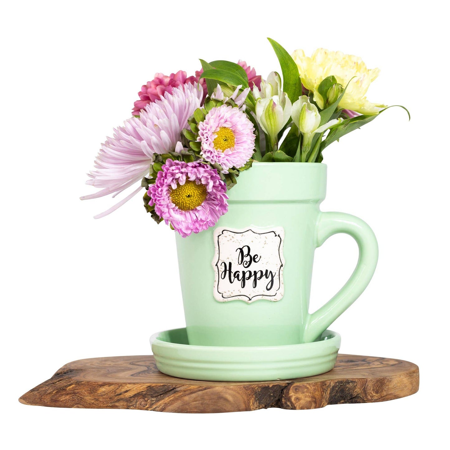 Green Flower Pot Mug w/Scripture - Be Happy