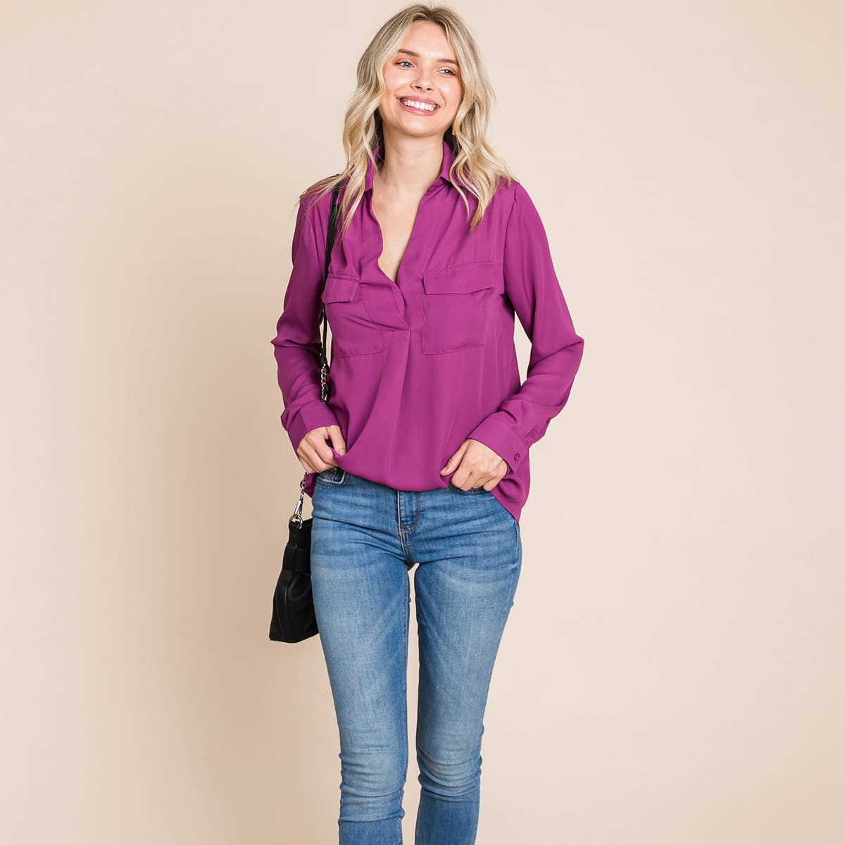 V neck Collared Pocket Detail Blouse Shirts