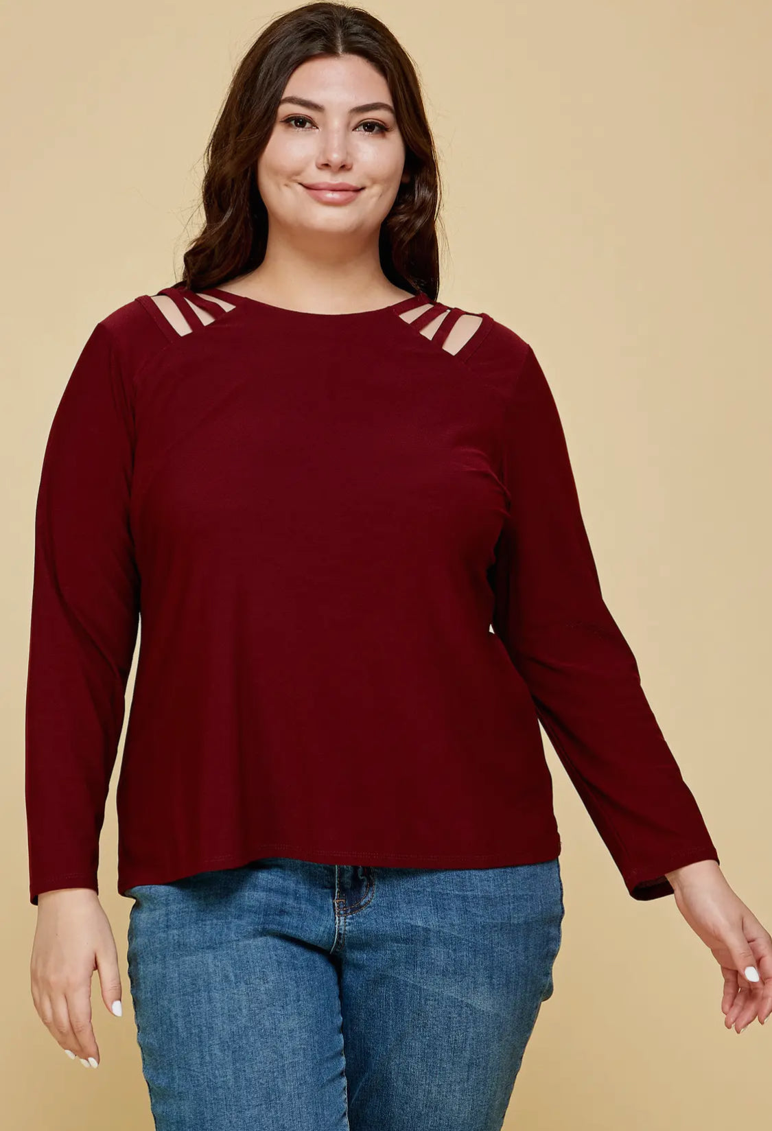 Plus size long sleeve cage shoulder top