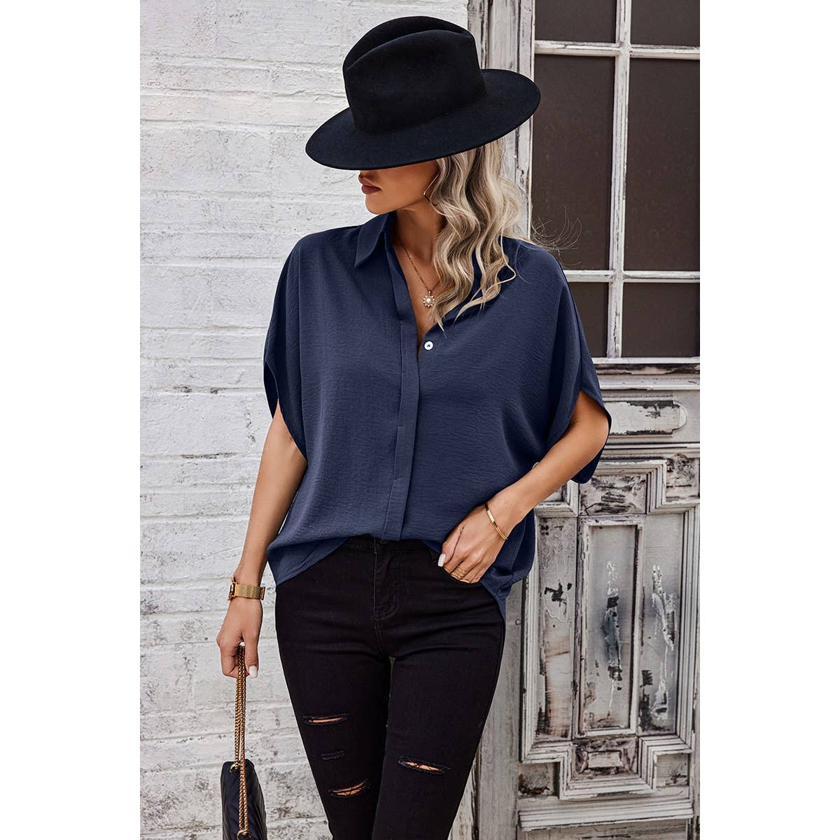 Solid Front Open Button Loose Fit Blouse