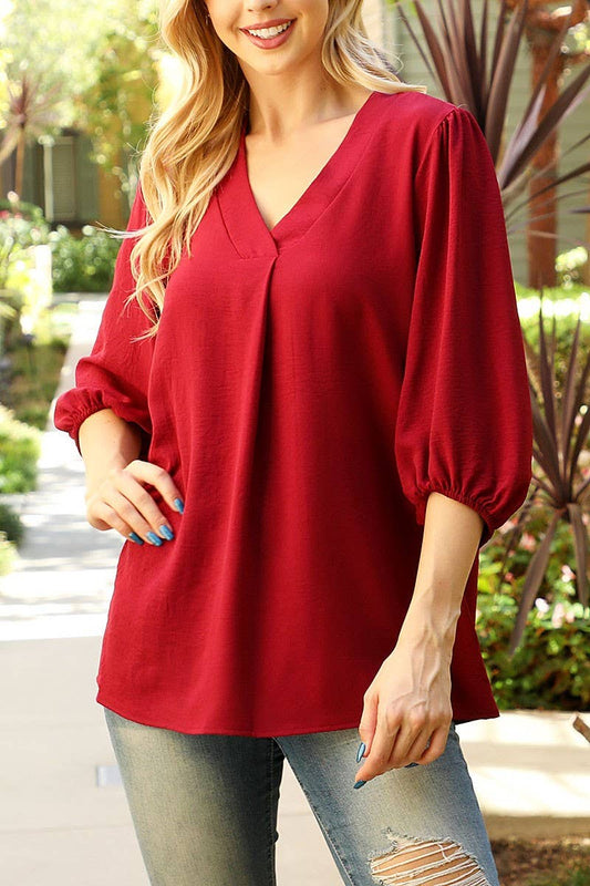 V-NECK BAND ELASTIC TUNNEL SLEEVE WOVEN TOP: