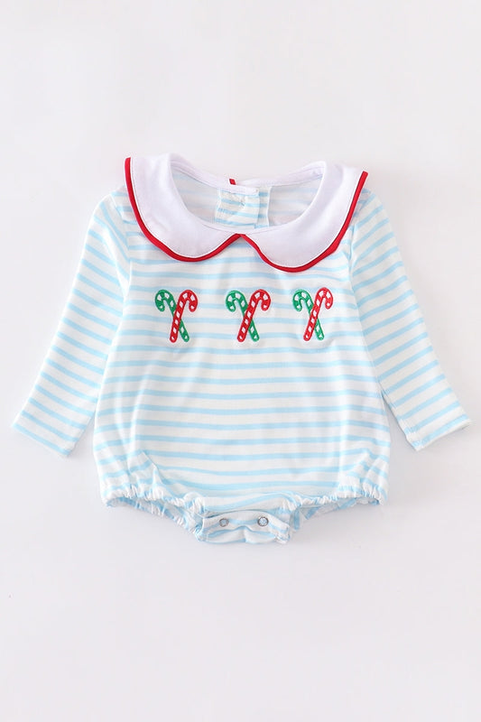 Blue Candy Cane Embroidery Baby Romper