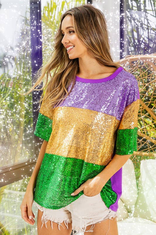 Mardi Gras Sequin Color Block Half Sleeves Top