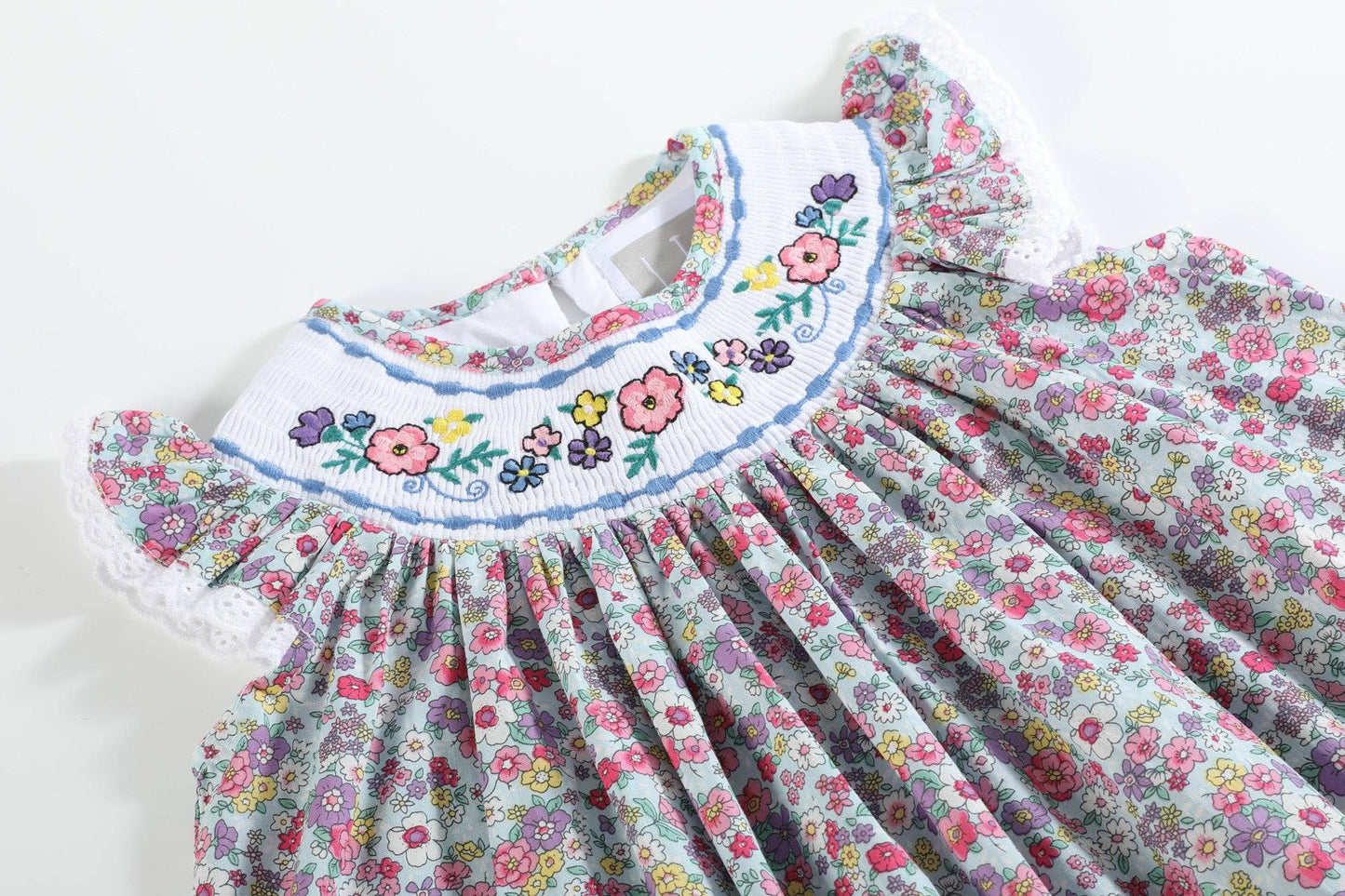 Blue Floral Print Flower Embroidered Smocked Bishop Dress