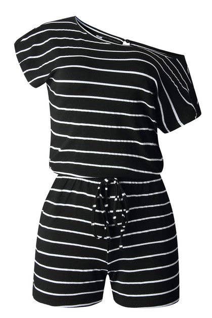 Striped Short Sleeve Drawstring Waist Romper: BLACK