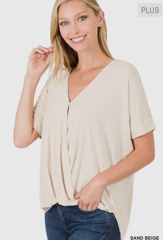 Plus size rayon span crepe layer look draped front top