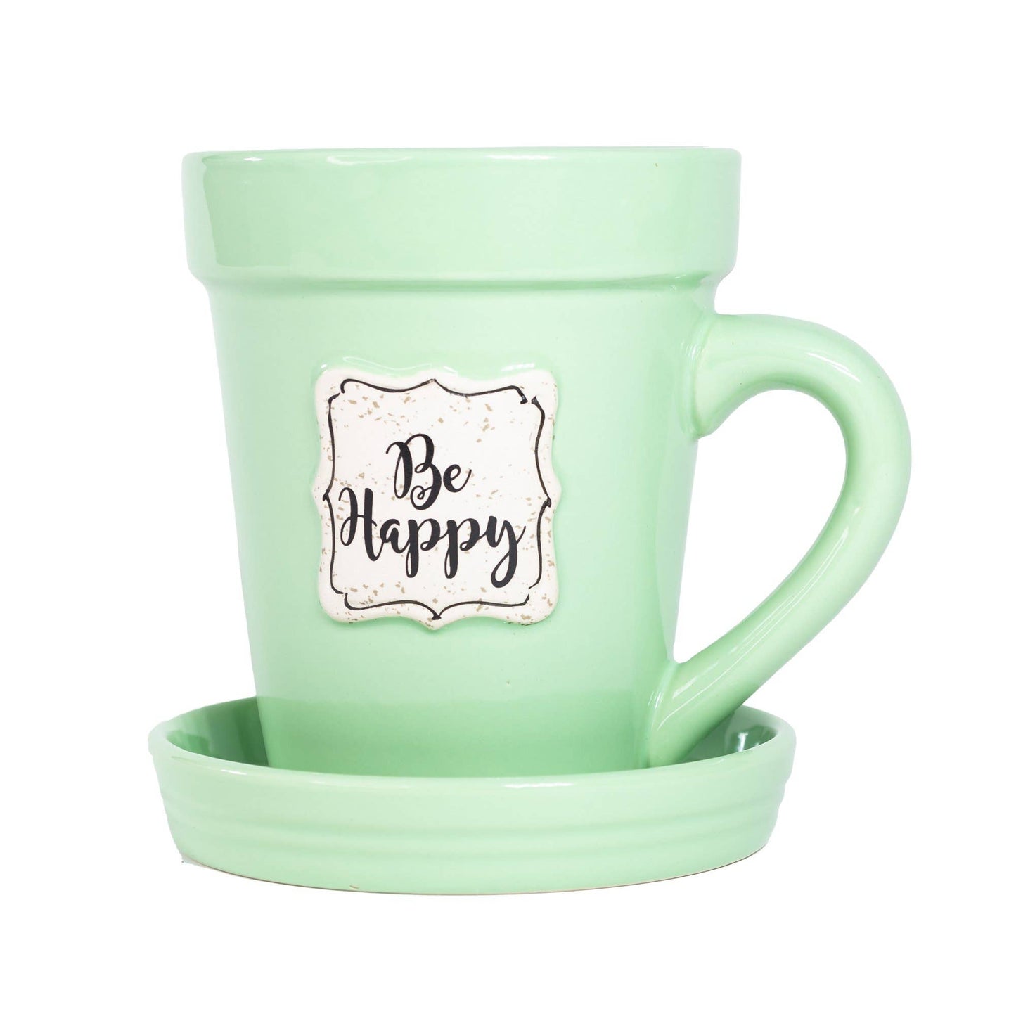 Green Flower Pot Mug w/Scripture - Be Happy