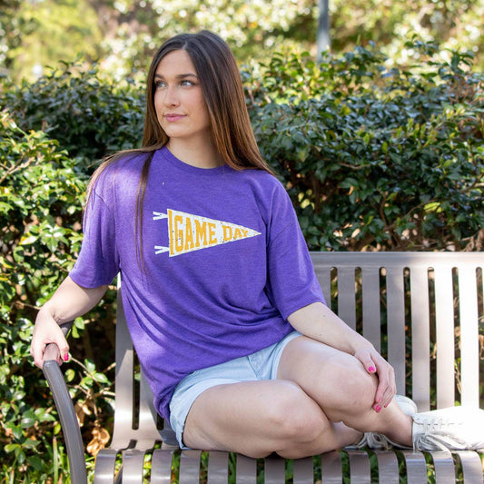 Game Day Pennant Crew Neck T-Shirt   Purple/White/Yellow