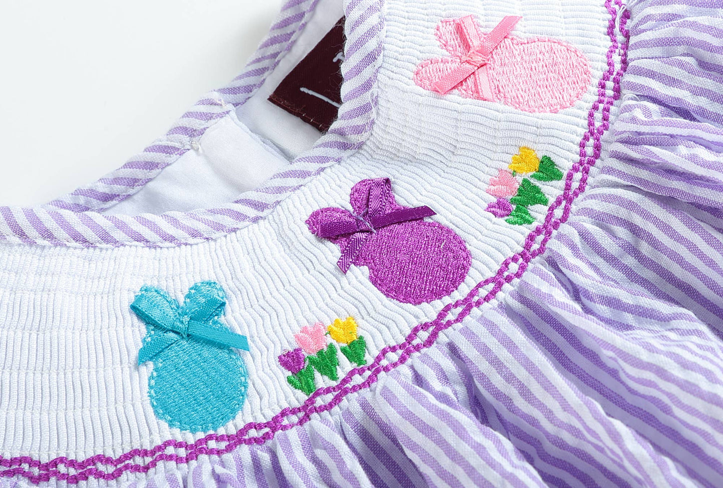 Lavender Seersucker Bunnies & Bows Smocked Bishop Dress