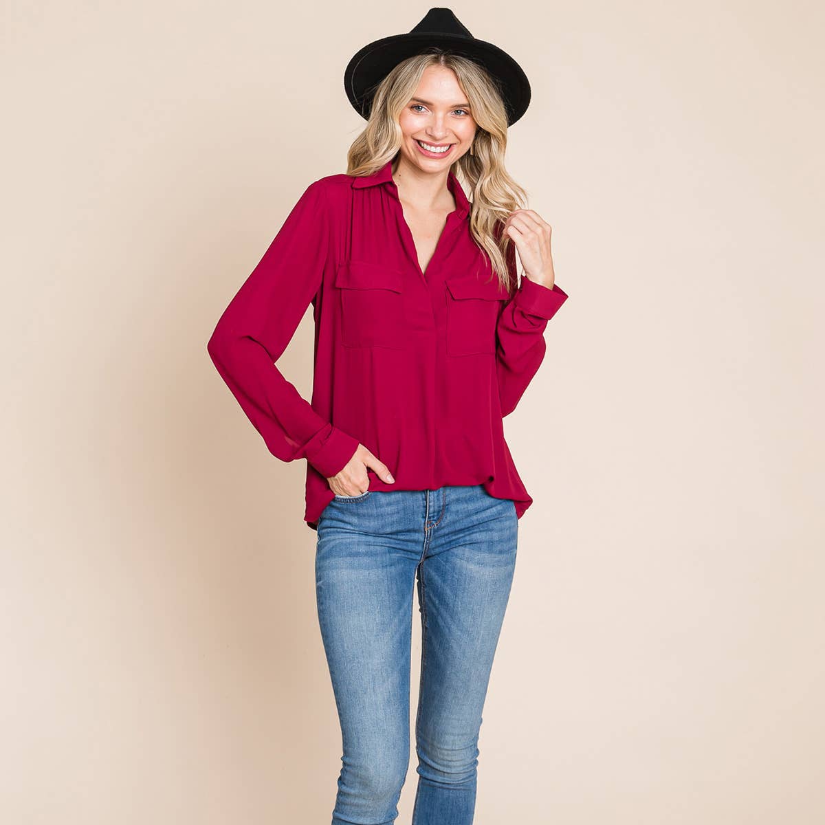 V neck Collared Pocket Detail Blouse Shirts