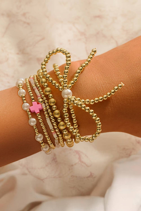 Bow Knot Pearl Decor Beaded Plated Bracelet Set: As shown / Missy / Standard