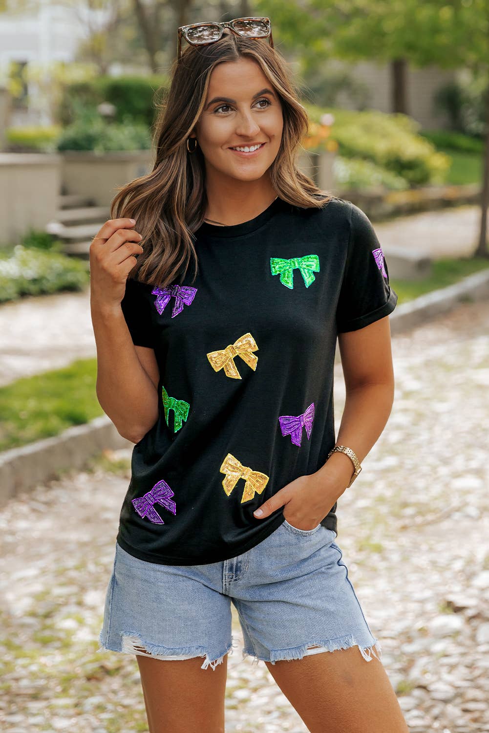 Mardi Gras Sequin Bow Knot Graphic T Shirt