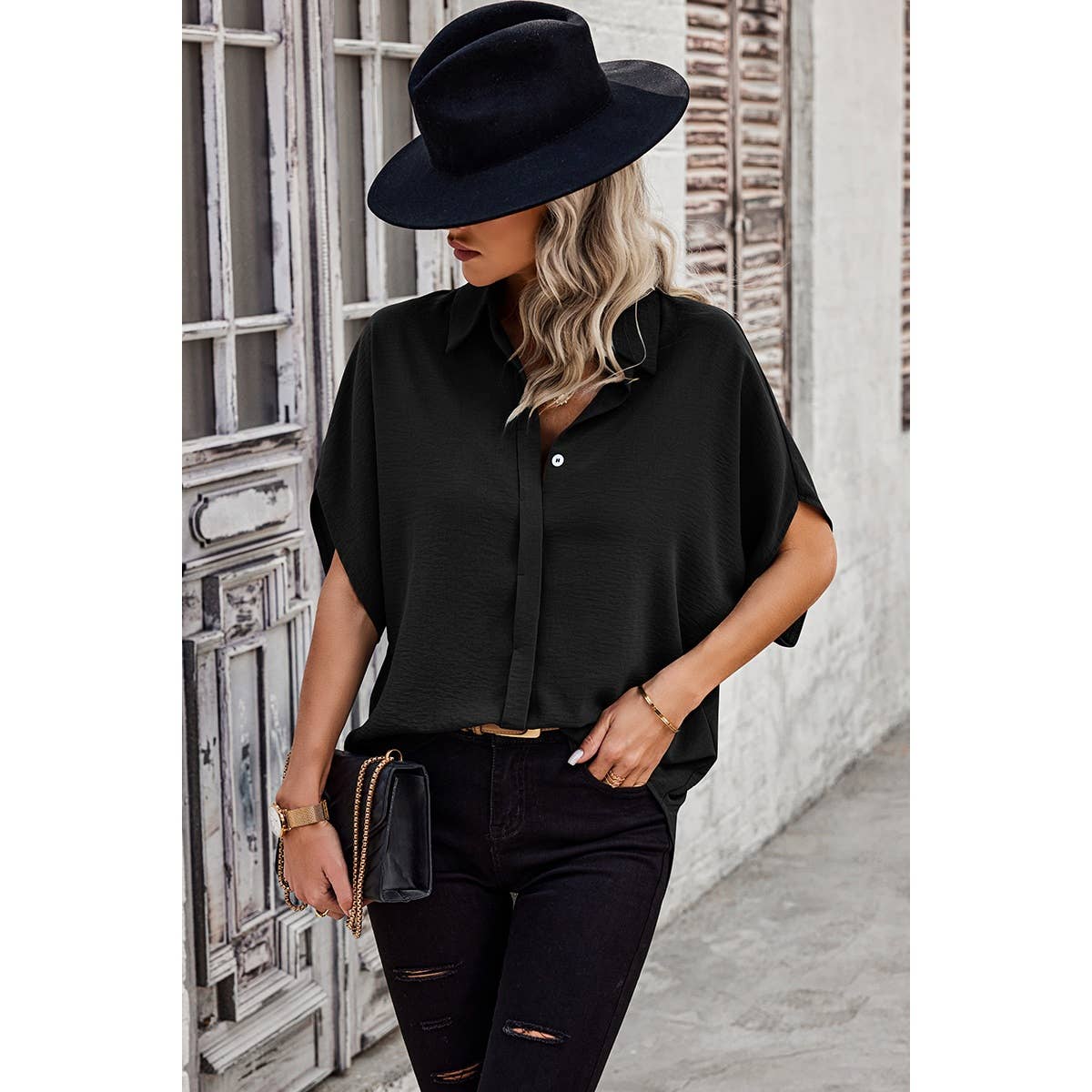 Solid Front Open Button Loose Fit Blouse