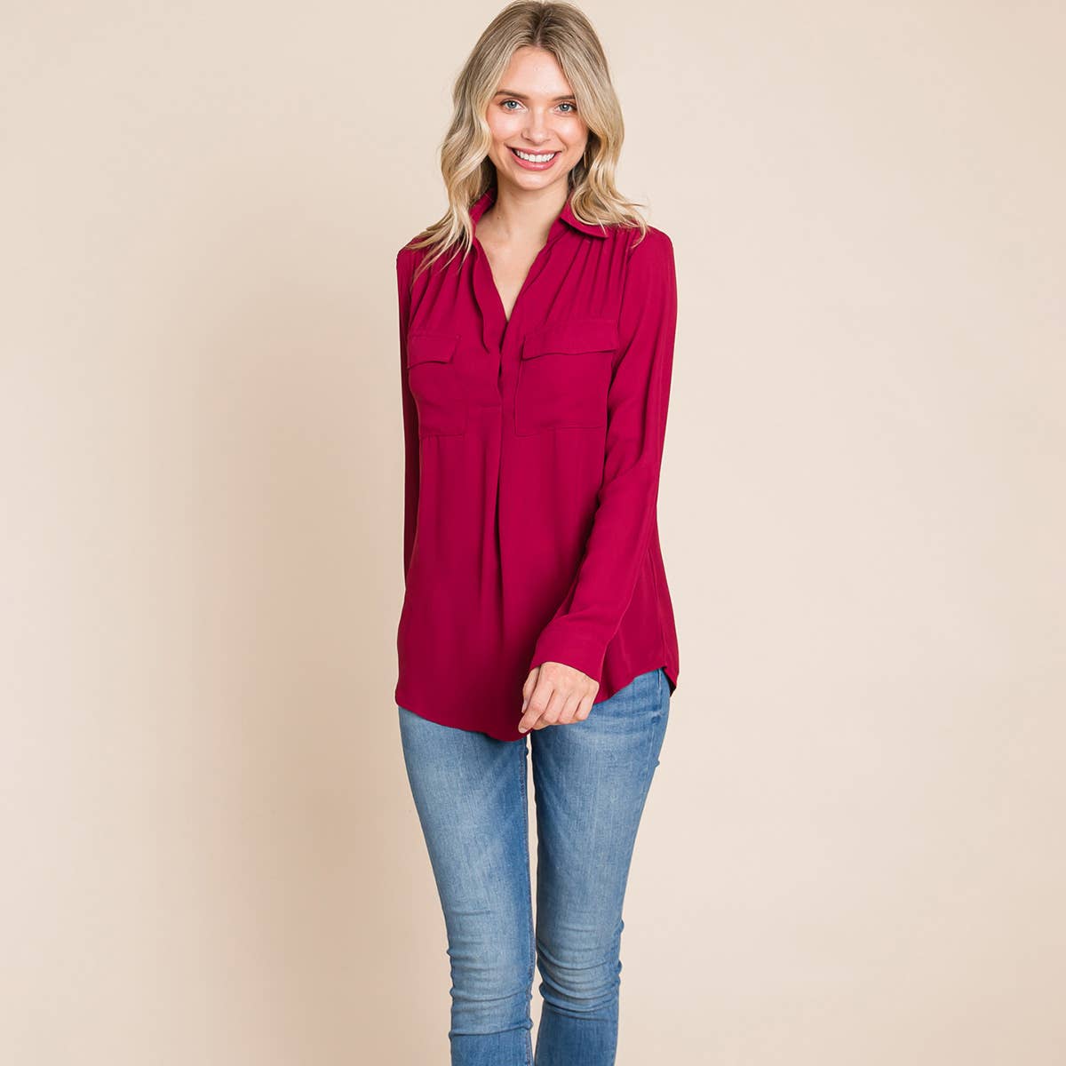 V neck Collared Pocket Detail Blouse Shirts